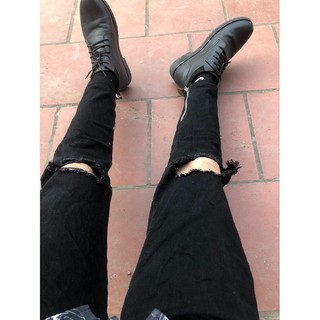 Quần Skinny Jeans Đen AMILY Vải Co Giãn,Có Zipper, bò rách gối to ngang có khóa ống chân