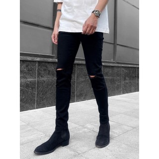 Quần jean nam AMILY Đen trơn , Quần bò vải Denim dày dặn dáng skinny rách gối có BIGSIZE