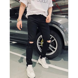 Quần Skinny Jeans Nam AMILY Màu Đen Rách Gối To Cotton Bò Co Giãn Ống Đứng Dáng Ôm Chân Chuẩn Skinny