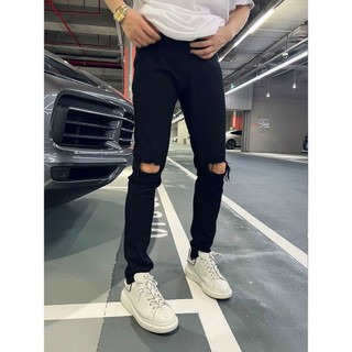 Quần Skinny Jeans Nam AMILY Màu Đen Rách Gối To Cotton Bò Co Giãn Ống Đứng Dáng Ôm Chân Chuẩn Skinny