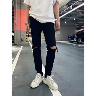 Quần Skinny Jeans Nam AMILY Màu Đen Rách Gối To Cotton Bò Co Giãn Ống Đứng Dáng Ôm Chân Chuẩn Skinny