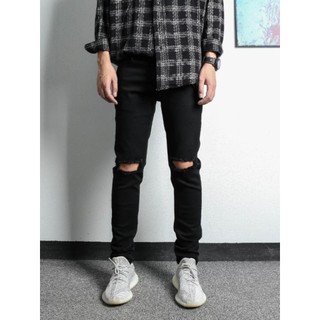 Quần Skinny Jeans Nam AMILY Màu Đen Rách Gối To Cotton Bò Co Giãn Ống Đứng Dáng Ôm Chân Chuẩn Skinny