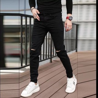 Quần jean nam rách gối  AMILY màu đen trơn vải Denim co giãn, form slimfit ôm côn có BIGSiZE