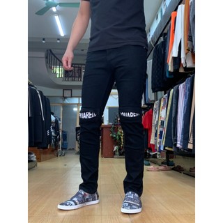 Quần jean nam đen AMILY rách gối lót vá chữ Ống Côn Ôm Dáng Skinny Chất Bò CO GIÃN Kiểu Mới Nhất Nhà