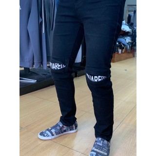 Quần jean nam đen AMILY rách gối lót vá chữ Ống Côn Ôm Dáng Skinny Chất Bò CO GIÃN Kiểu Mới Nhất Nhà