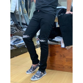 Quần jean nam đen AMILY rách gối lót vá chữ Ống Côn Ôm Dáng Skinny Chất Bò CO GIÃN Kiểu Mới Nhất Nhà