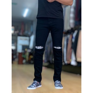 Quần jean nam đen AMILY rách gối lót vá chữ Ống Côn Ôm Dáng Skinny Chất Bò CO GIÃN Kiểu Mới Nhất Nhà