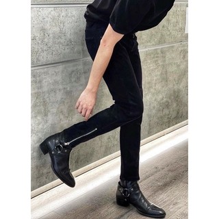 Quần Bò Nam Đen Trơn, Rách Gối AMILY chất vải Demin co giãn form slimfit Phối Khoá Zip Ống chân