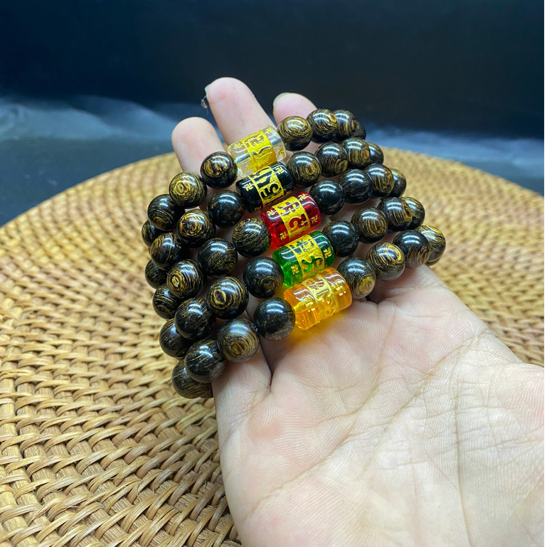Vòng đeo tay trầm hương sánh chìm TRÒN ĐƠN mix Omani-đốt trúc -8-10-12 ly