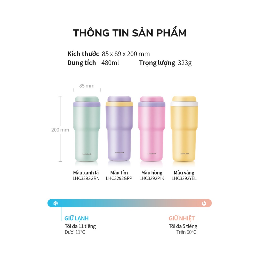 Bình giữ nhiệt LocknLock 480ml Daily Macaron Tumbler LHC3292 Màu Tím , thép không gỉ 316L - K-MALL