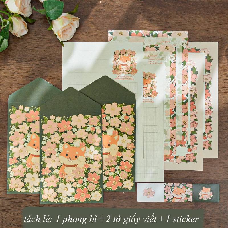 Set Thiệp Giấy Viết Thư 1 Phong Bì 2 Tờ Giấy và Sticker Hoa và Động Vật ...