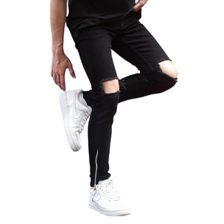 Quần Bò Nam Đen Trơn, Rách Gối AMILY chất vải Demin co giãn form slimfit Phối Khoá Zip Ống chân