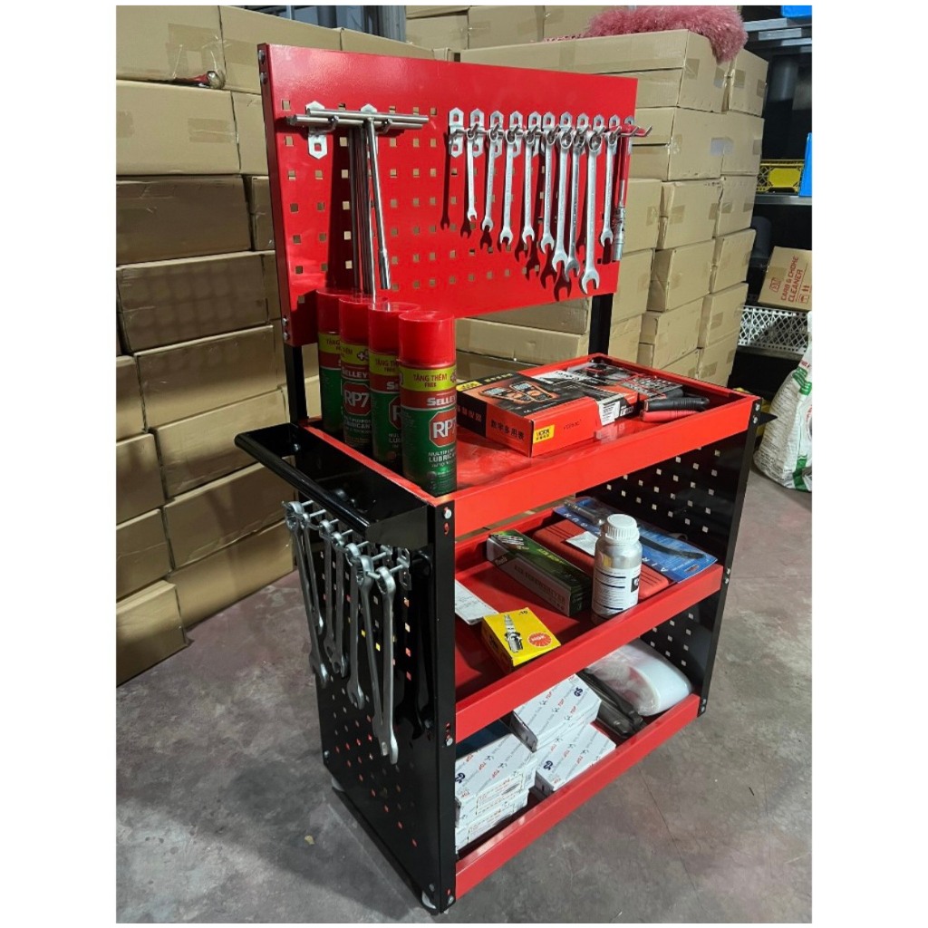 Kệ đựng đồ nghề dụng cụ 3 tầng sơn mạ tĩnh điện có giá treo dụng cụ kèm 20 móc treo