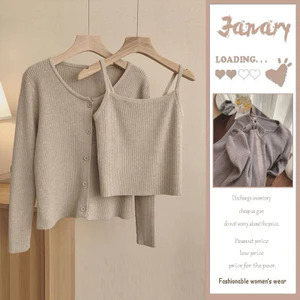 Set áo len dệt kim hai dây + khoác cadigan mỏng mùa thu nhẹ nhàng thời trang