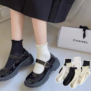 Set 2 Đôi Tất vớ bèo cổ cao màu trơn basic đơn giản phong cách vintage Loli