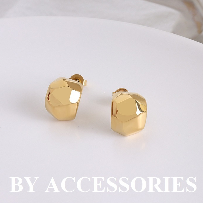 Bông tai nữ titan hình học dáng chữ C mặt vát đa diện mạ vàng 18K không gỉ WE2342