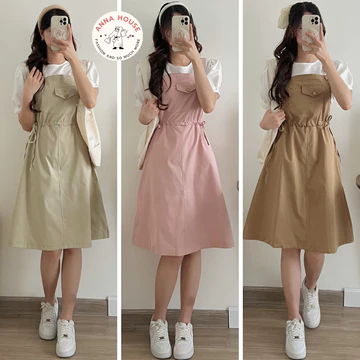Set váy yếm nữ dáng dài suông rộng buộc dây eo kèm áo sơ mi trắng - set váy yếm kèm áo tay bồng Ulzzang màu xanh, đen