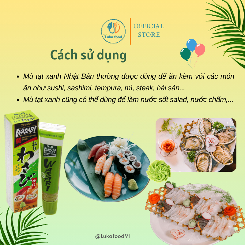 Mù Tạt Xanh Wasabi S&B Nhật Bản Tuýp 43g - Cay Nồng Tự Nhiên, Gia Vị Chấm Sushi Sashimi Hải Sản Đồ Tươi Sống Luka Food
