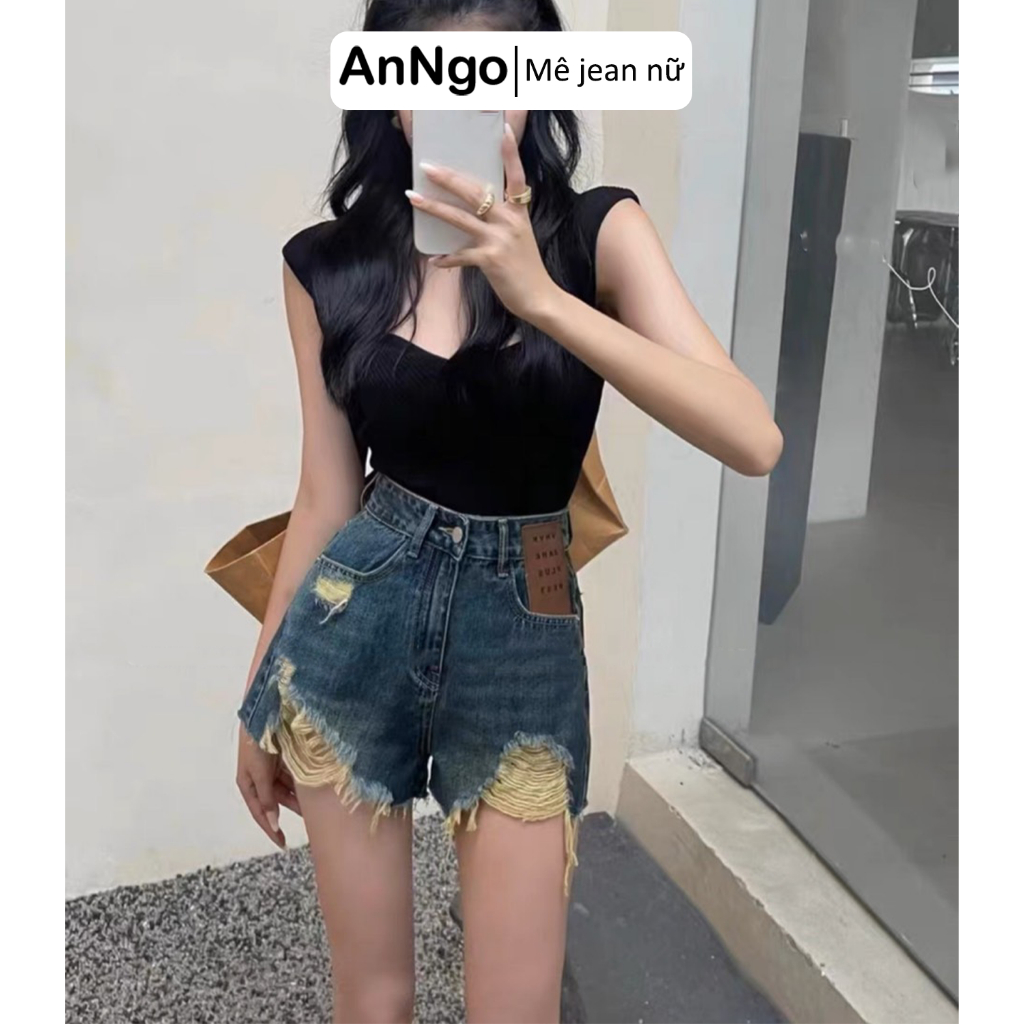(Có big size) Quần short jean nữ lưng cao không co dãn, rách thời trang, họa tiết cực cá tính Anngo - AT375
