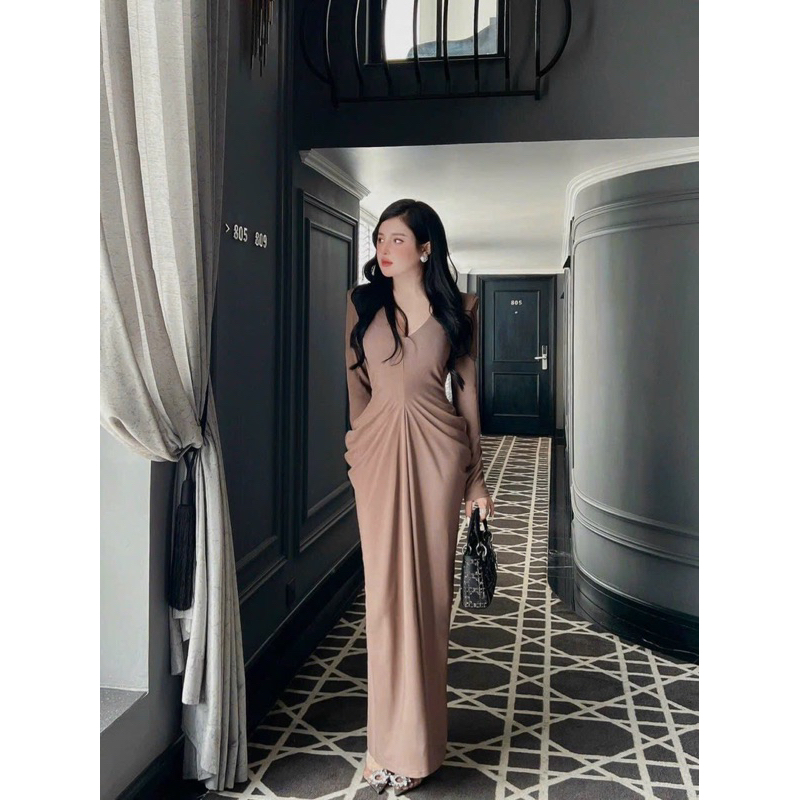Váy Body Dáng Dài Cổ V, Đầm Body Dáng Dài Thiết Kế Nhún Eo Tiểu Thư Sang Chảnh huyenstore