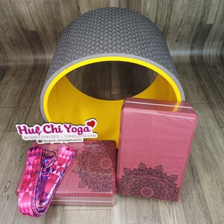 Combo Vòng Tập Yoga bản to 20cm, 2 gạch in hoa văn, 1 dây cotton họa tiết 2.5m hỗ trợ tập Yoga