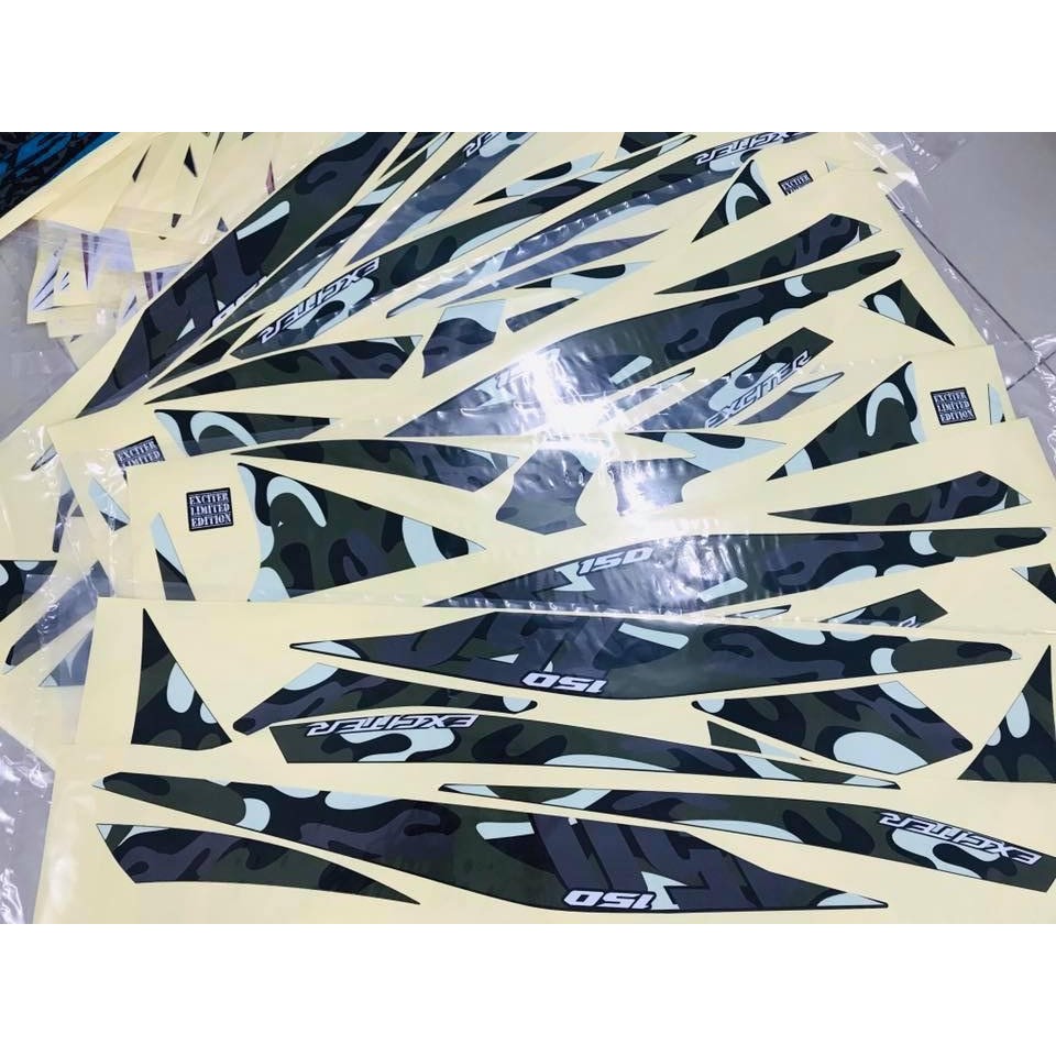 Tem rời UV cao cấp Exciter 150 Camo. Sắc nét tuyệt đối. Chuẩn khung kỹ thuật