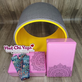 Combo Vòng Tập Yoga bản to 20cm, 2 gạch in hoa văn, 1 dây cotton họa tiết 2.5m hỗ trợ tập Yoga