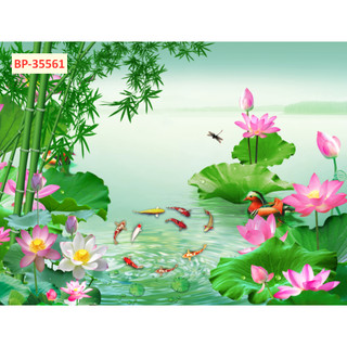 Tranh vải lụa 3d Cá Chép và Hồ Sen, Đầm Hoa, Sen Đá Decor Phòng Khách, Hàng Quán Tặng Keo Dán Tường