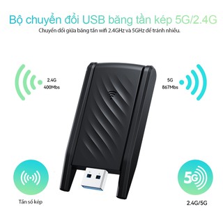 USB Thu Sóng wifi Goojodoq 1300mbps USB 3.0  2 Râu Kết Nối Mạng Không Dây 2.4G+5G Bộ Thu Phát WiFi Cho Máy Tính