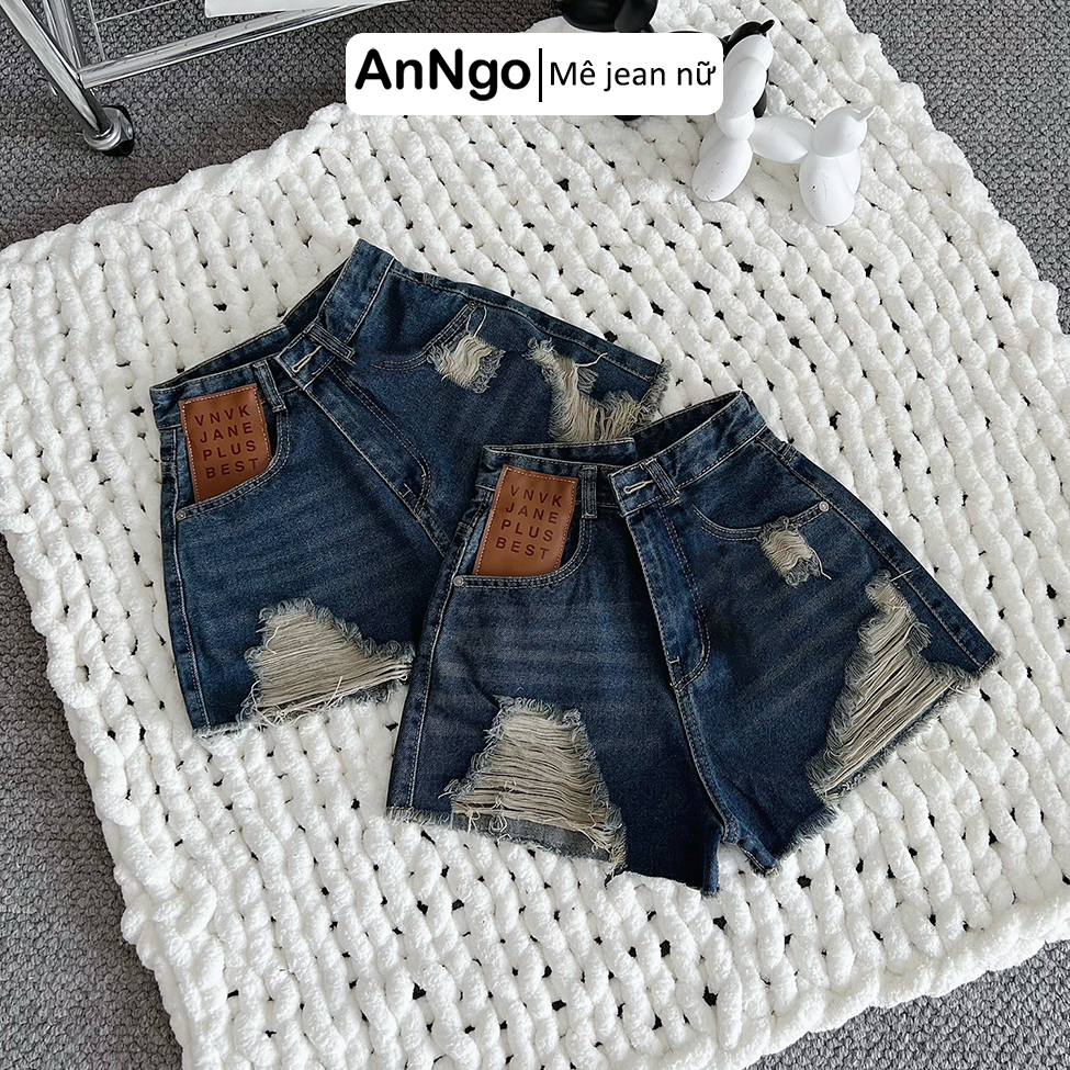 (Có big size) Quần short jean nữ lưng cao không co dãn, rách thời trang, họa tiết cực cá tính Anngo - AT375