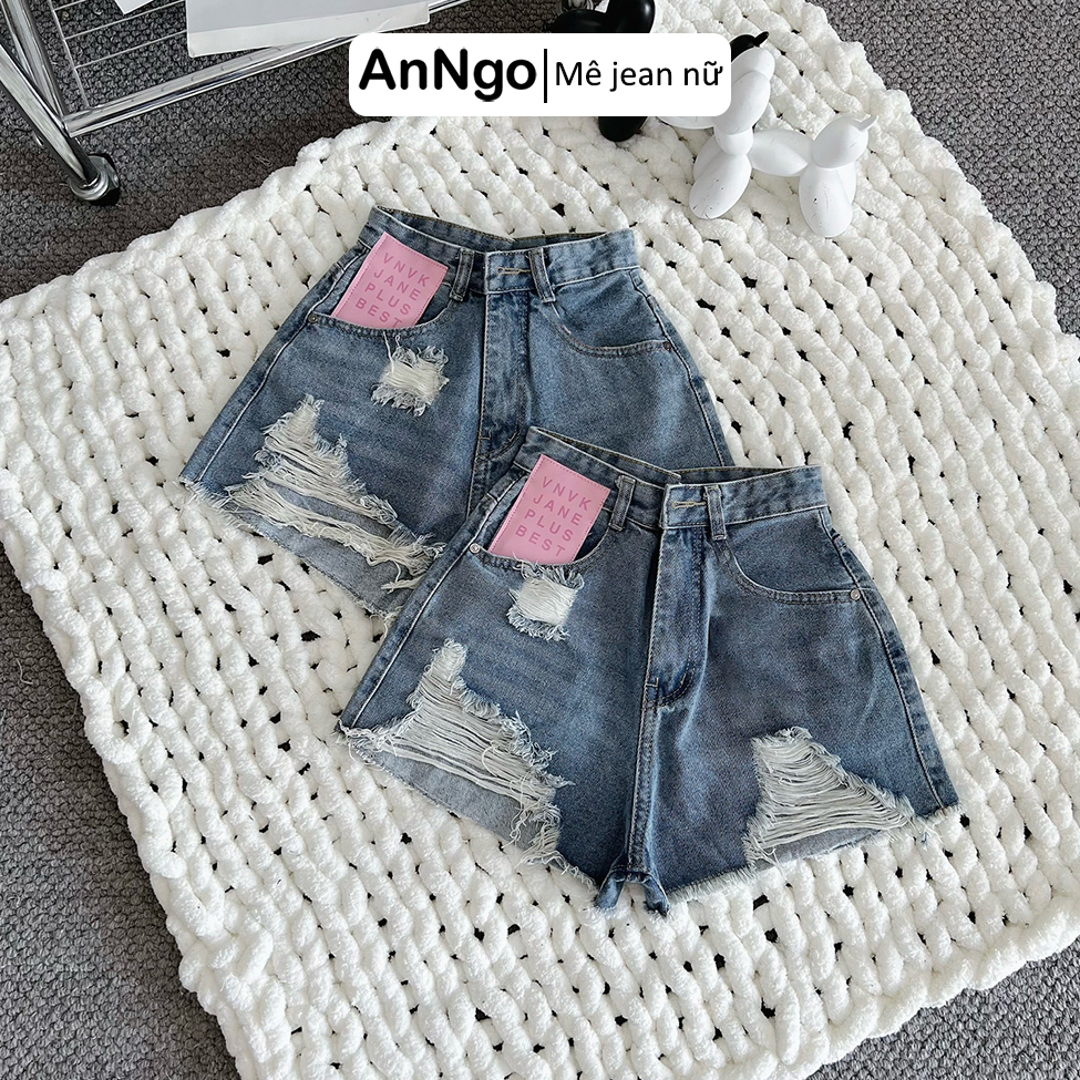 (Có big size) Quần short jean nữ lưng cao không co dãn, rách thời trang, họa tiết cực cá tính Anngo - AT375