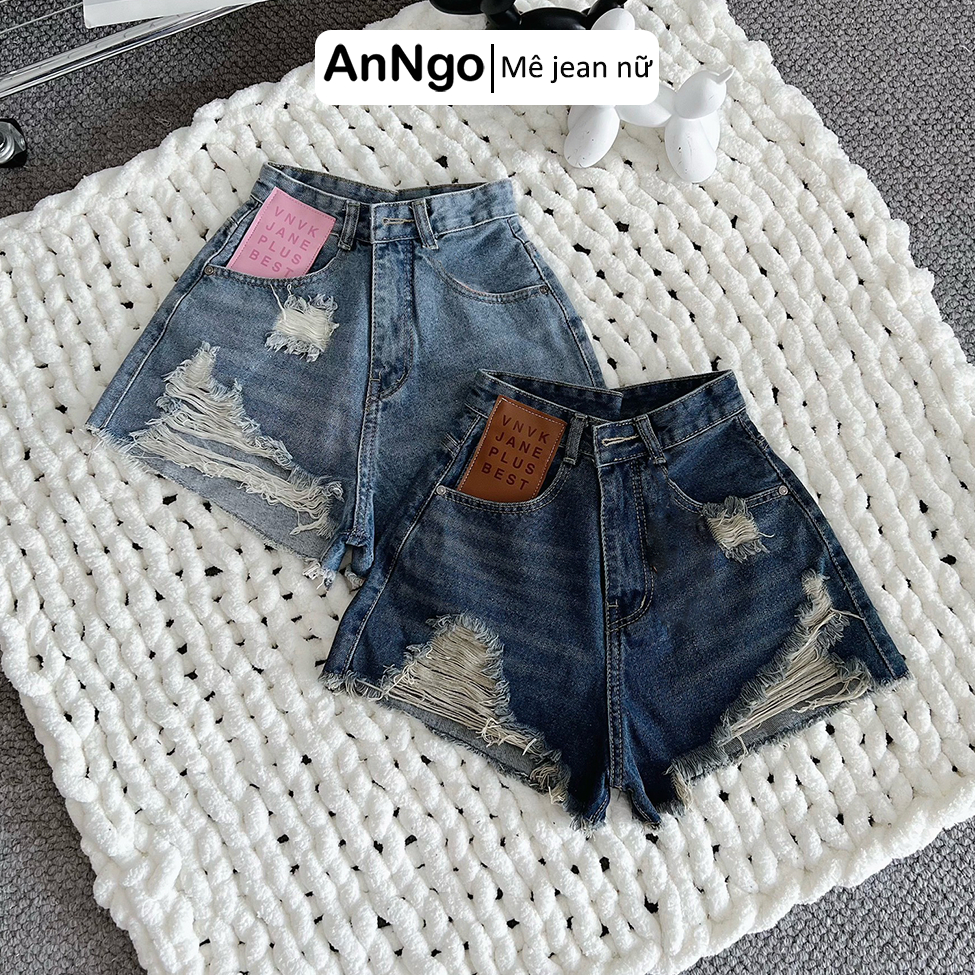 (Có big size) Quần short jean nữ lưng cao không co dãn, rách thời trang, họa tiết cực cá tính Anngo - AT375