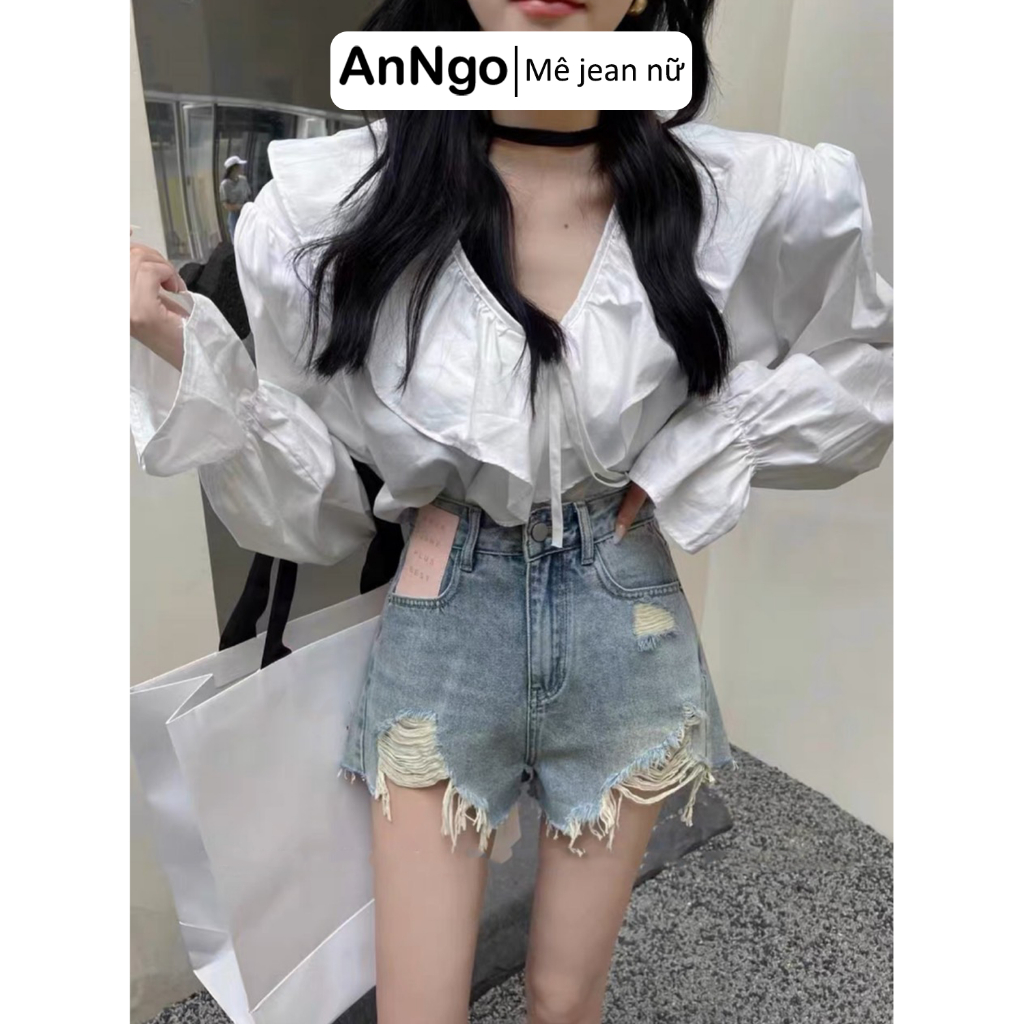 (Có big size) Quần short jean nữ lưng cao không co dãn, rách thời trang, họa tiết cực cá tính Anngo - AT375