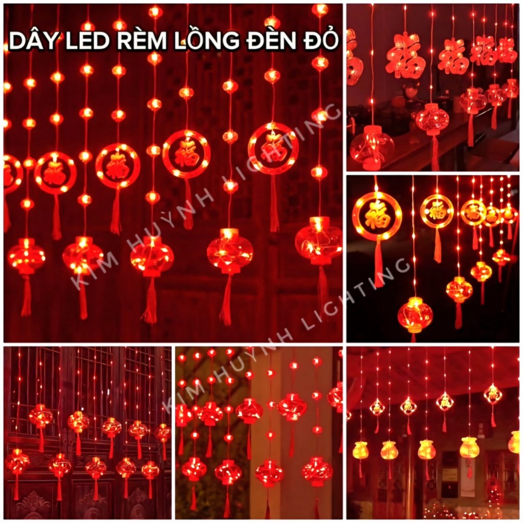 Dây đèn led rèm lồng đèn đỏ may mắn trang trí lễ Tết, chống thấm ngoài ...
