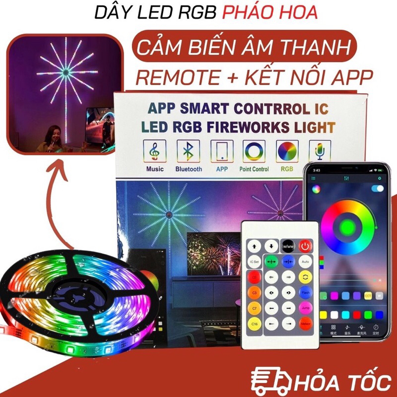 Dây Đèn LED Pháo Hoa RGB Dán tường Cảm Biến Âm Thanh Có Remote Và Kết Nối App Điện Thoại