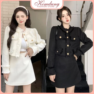Váy Dạ Xinh Siêu Hot Hàng L1 Fom chuẩn - Áo Dạ Tua Rua Cúc Đồng Kèm Chân Váy Dạ Chữ A Dáng Ngắn Sang Chảnh