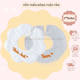 Yếm trần bông thêu tên cho bé sơ sinh đến 3 tuổi, yếm 6 lớp dày dặn vải cotton an toàn