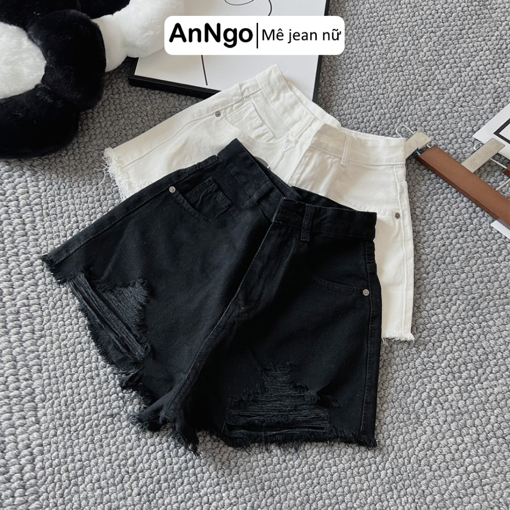 (Có big size) Quần short nữ lưng cao ống rộng, không co dãn, ít rách form to Anngo - AT376