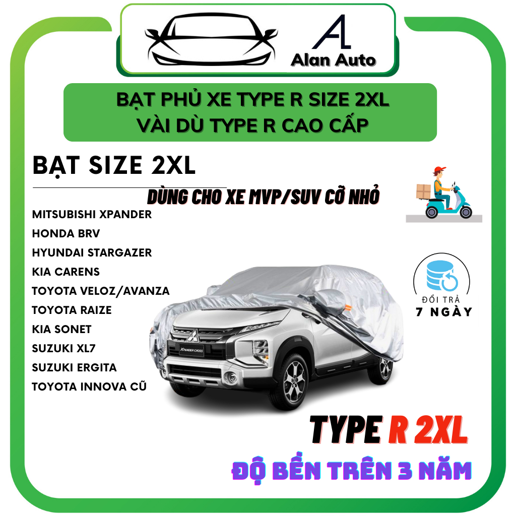 Bạt ô tô Vải Dù TYPE R xe 5-7 chỗ, Cao Cấp Chống Mưa-Chống Nắng-Chống Nóng-Chống Xước Bảo Vệ Xe