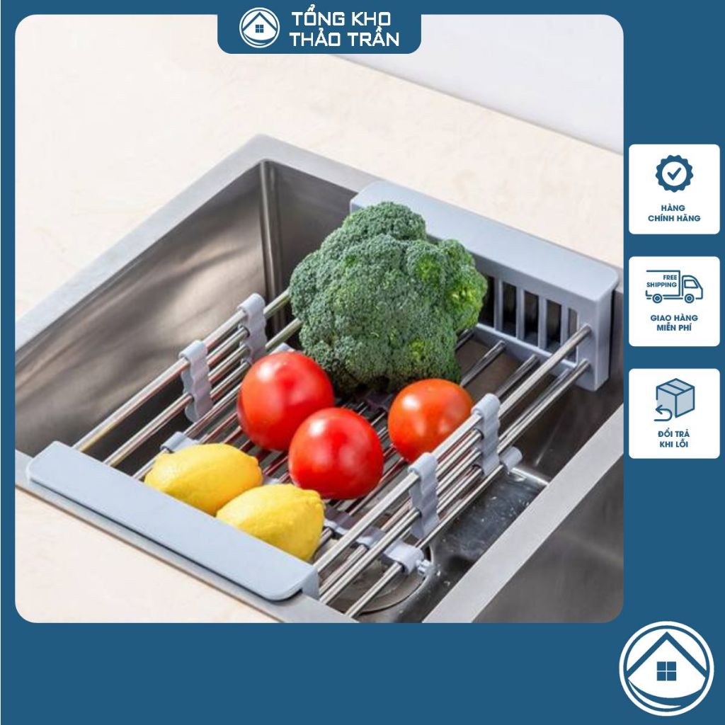 Rổ rút gọn inox 304 gác bồn rửa bát siêu tiện lợi đựng rau củ quả thực ...
