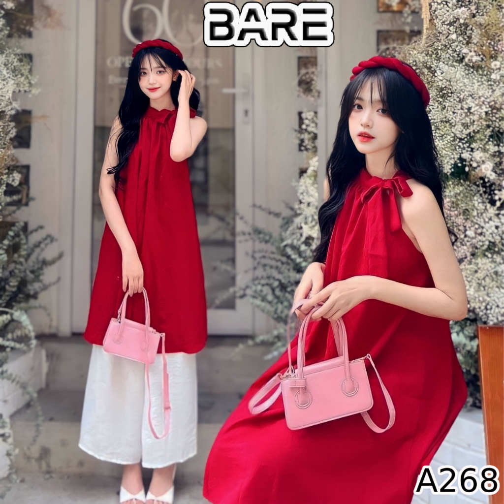 BARE_Set áo dài nữ áo cổ yếm cột nơ xinh xắn vải voan kèm quần ống rộng ...