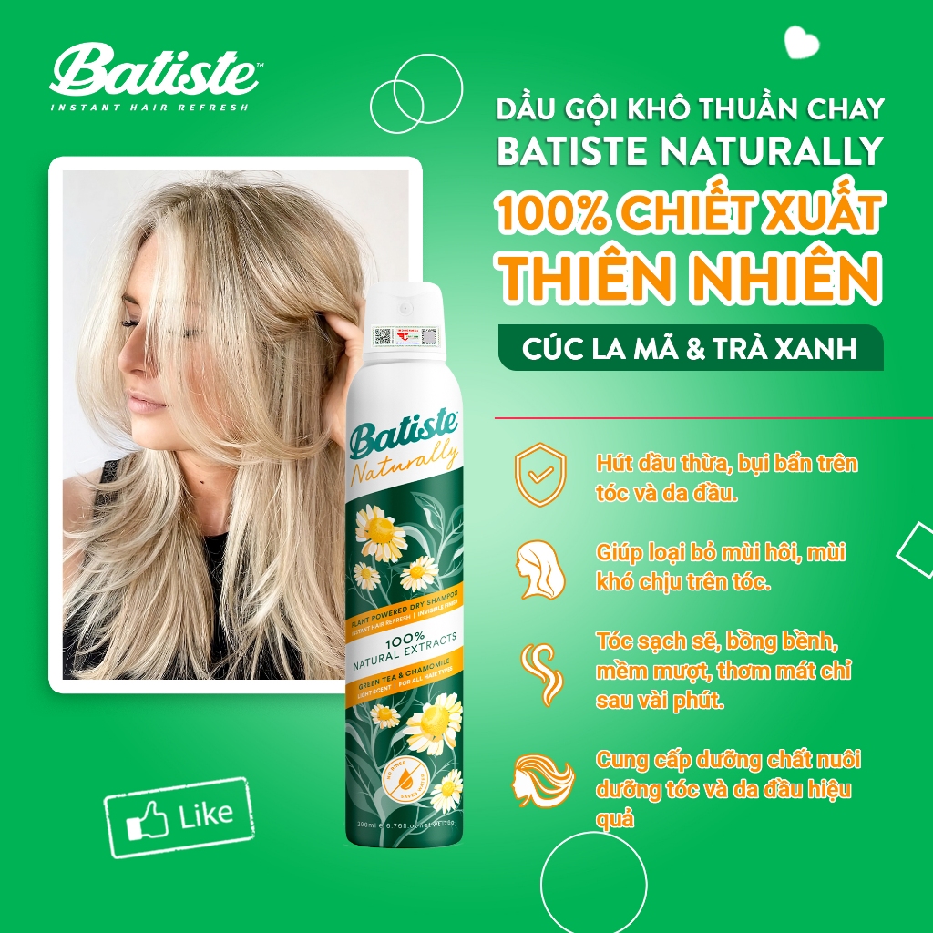 Ảnh Dầu Gội Khô Batiste Naturally 100% Thuần Chay Thiên Nhiên Từ Trà Xanh & Cúc La Mã 200ml (Greentea & Chamomile) 4