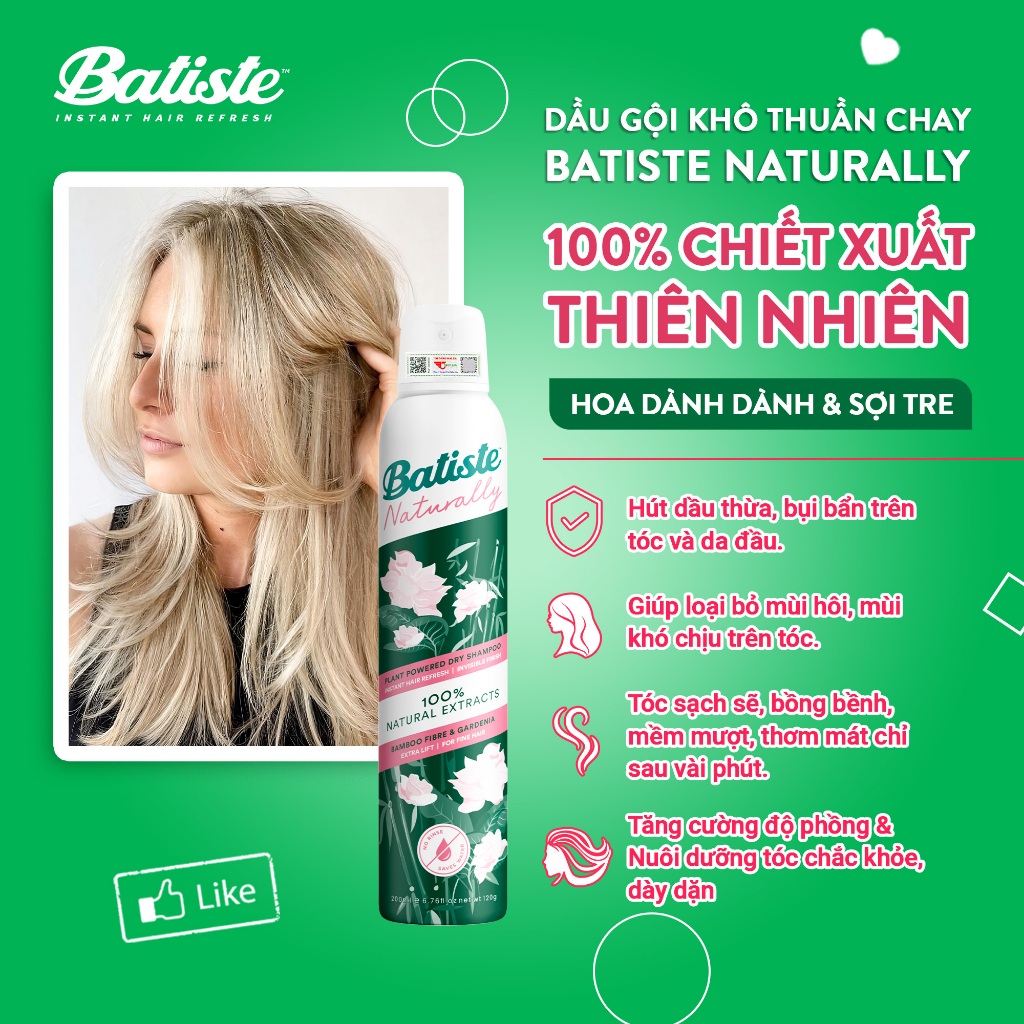 Ảnh Dầu Gội Khô Batiste Naturally 100% Thuần Chay Thiên Nhiên Từ Măng Tre & Hoa Dành Dành 200ml (Baboo Fibre & Gardenia) 4