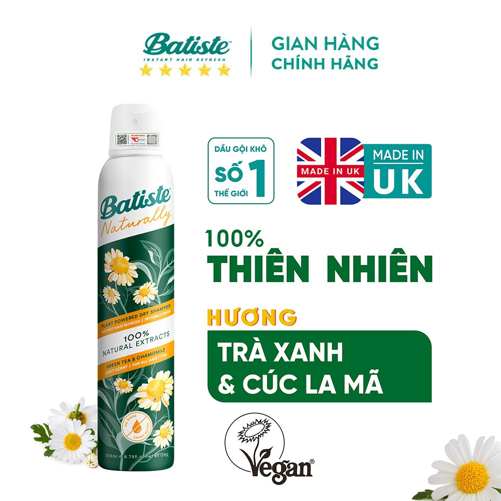 Ảnh Dầu Gội Khô Batiste Naturally 100% Thuần Chay Thiên Nhiên Từ Trà Xanh & Cúc La Mã 200ml (Greentea & Chamomile) 3