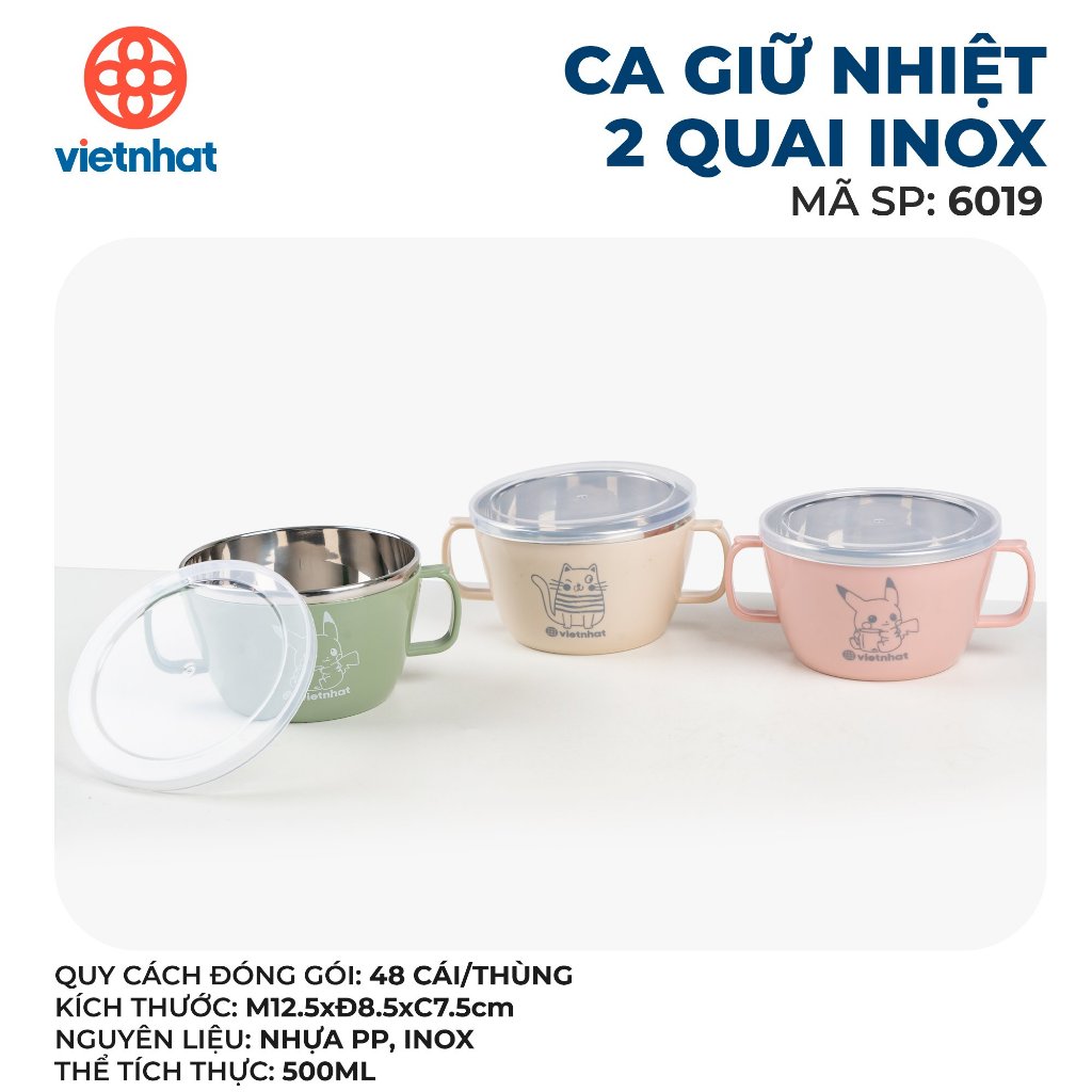 Ca giữ nhiệt 2 quai inox 6019, Bát inox giữ nhiệt 500ml có nắp tiện lợi, Bát inox cách nhiệt Việt Nhật cao cấp