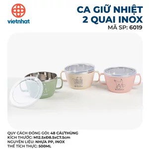 Ca giữ nhiệt 2 quai inox 6019, Bát inox giữ nhiệt 500ml có nắp tiện lợi, Bát inox cách nhiệt Việt Nhật cao cấp