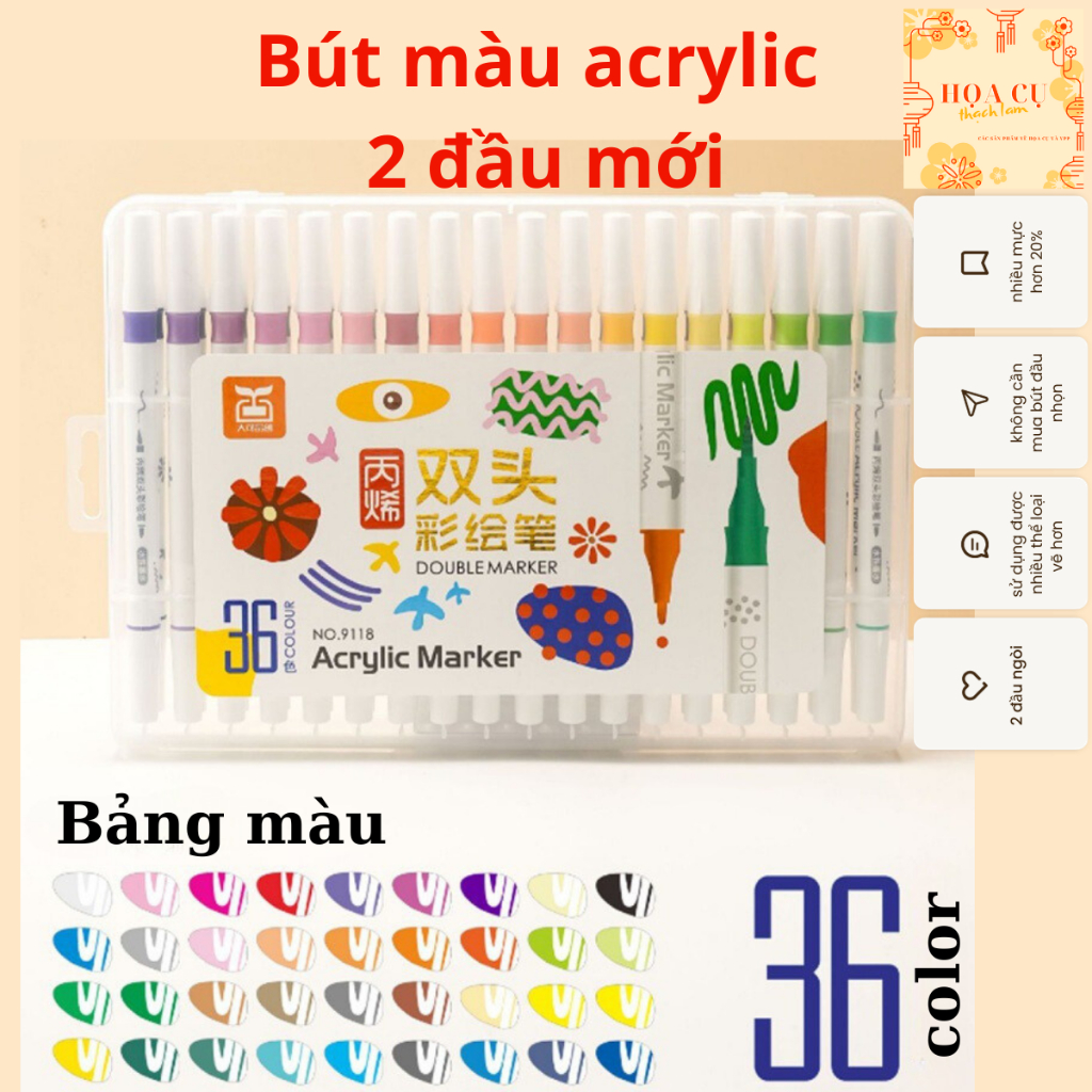 [Tặng 2 cây artmarker]Set 12đến 60 Bút màu ACRYLICMarker 2 đầu chống thấm nước không bị nhòe vẽ lên được nhiều chất liệu