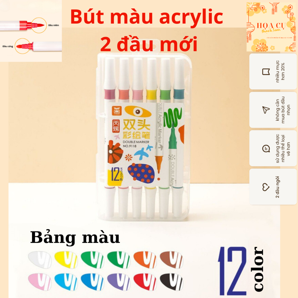 [Tặng 2 cây artmarker]Set 12đến 60 Bút màu ACRYLICMarker 2 đầu chống thấm nước không bị nhòe vẽ lên được nhiều chất liệu