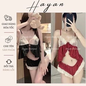 HT146 Bộ ngủ sexy 2 dây nơ ngực rẻ tà quyến rũ, đồ ngủ lụa tôn dáng gợi cảm HT146