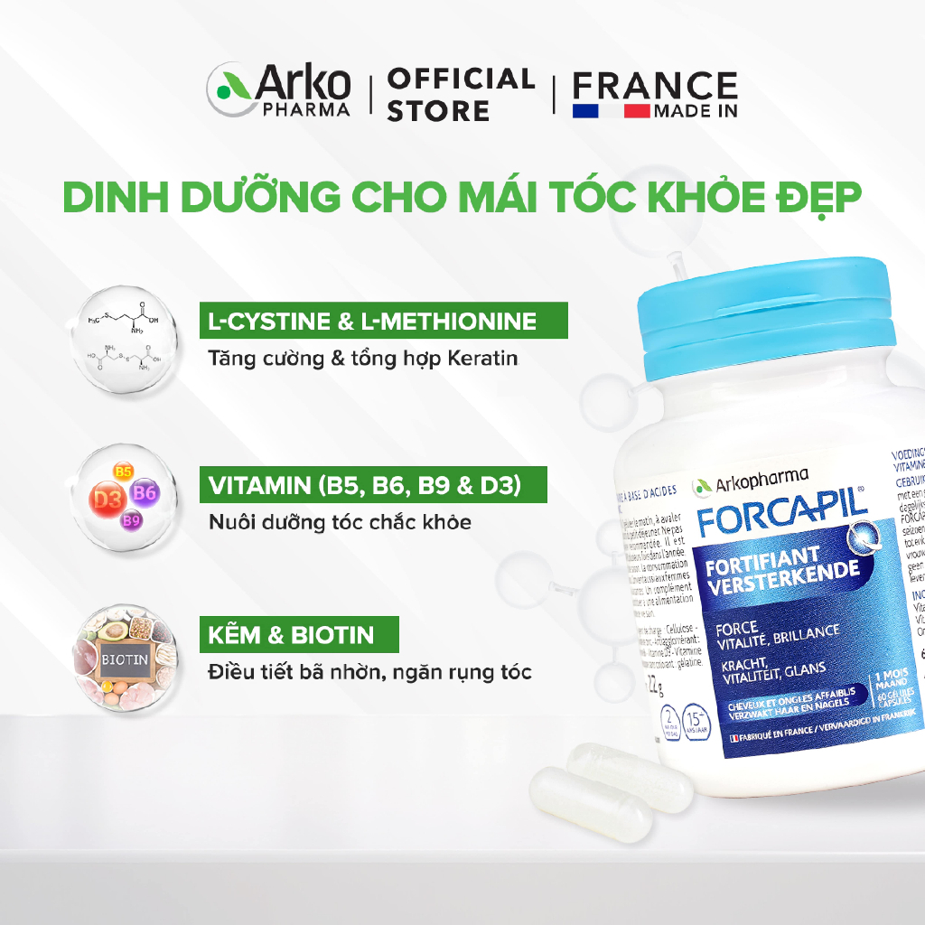 Ảnh Combo 2 hộp viên uống ngừa rụng tóc, dưỡng tóc khỏe bóng mượt Arkopharma Forcapil Fortifiant 3